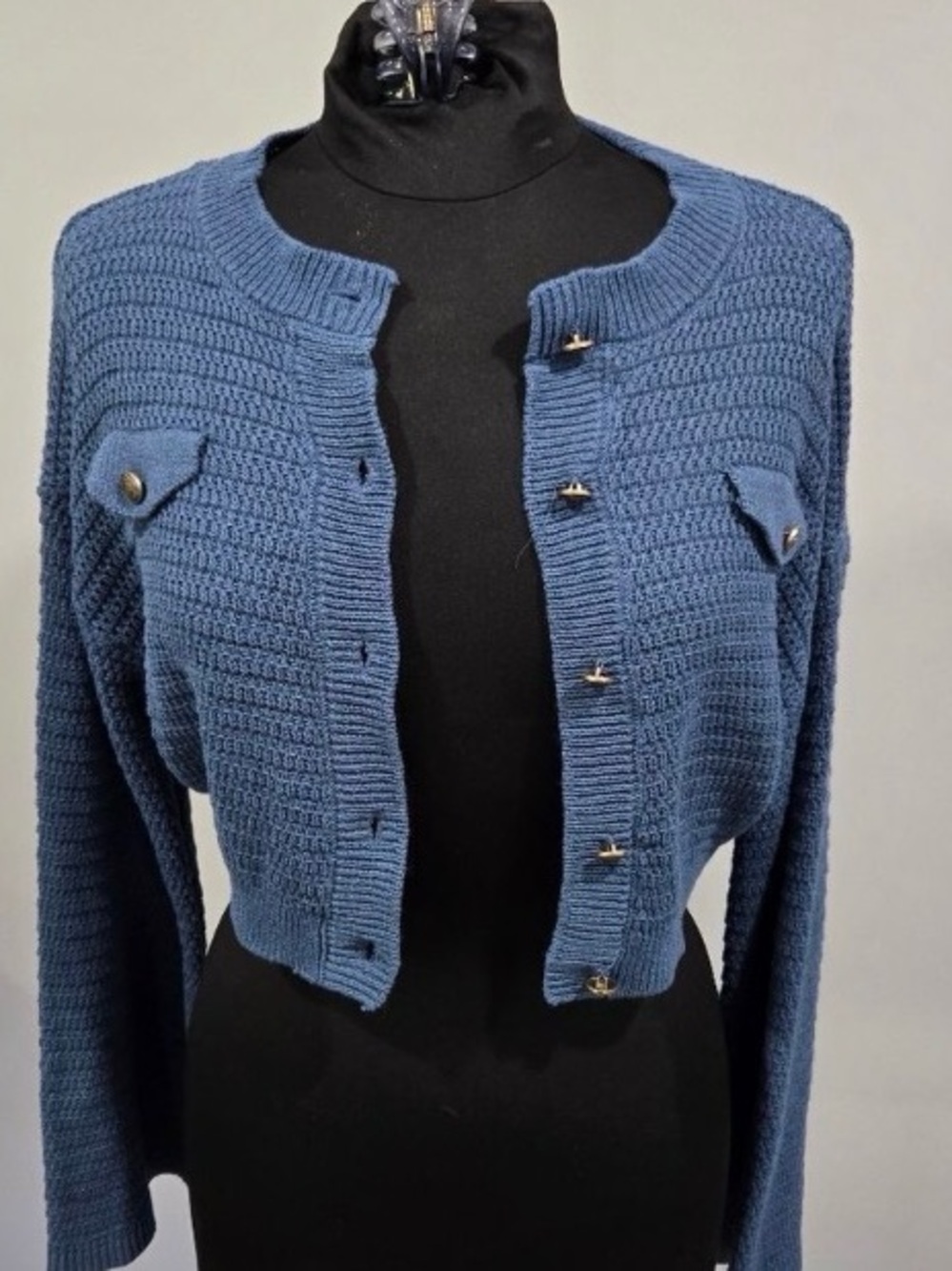 ZARA Knit Cropped Cardigan Blue Relaxed Wide Sleeves Coquett S
